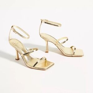NWOT Marc Fisher Anthropologie Dalida Gold Leather Heeled Sandals Sz 10